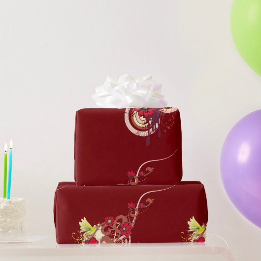 Bloemen wervelen met rode bloemen en kolibrie cadeaupapier