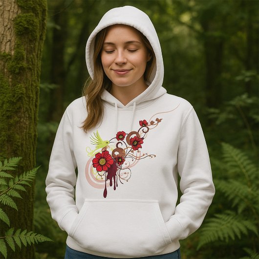 Bloemen wervelen met rode bloemen en kolibrie hoodie