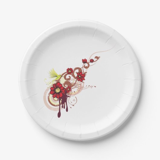 Bloemen wervelen met rode bloemen en kolibrie papieren bordje (Voorkant)