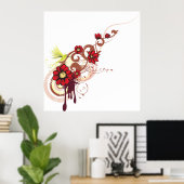 Bloemen wervelen met rode bloemen en kolibrie poster (Thuiskantoor)