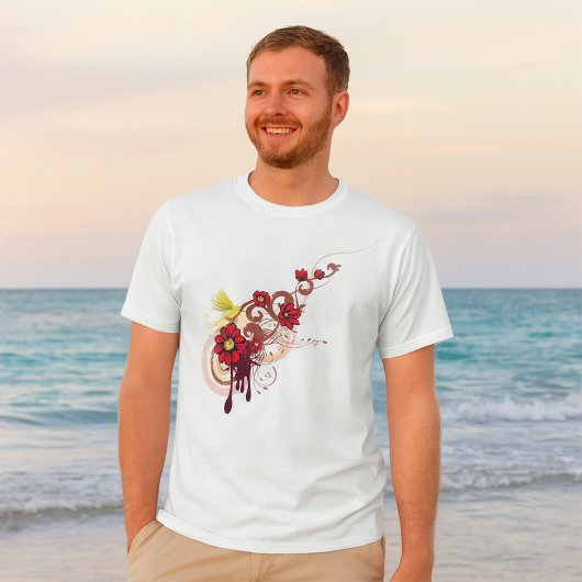 Bloemen wervelen met rode bloemen en kolibrie t-shirt