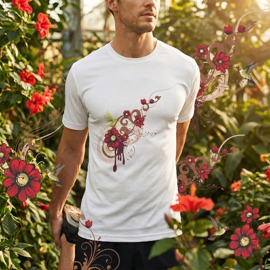 Bloemen wervelen met rode bloemen en kolibrie t-shirt