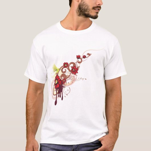 Bloemen wervelen met rode bloemen en kolibrie t-shirt (Voorkant)
