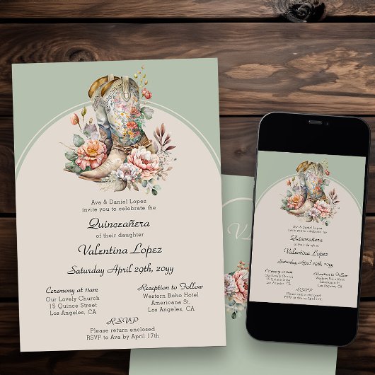Bloemen Westerne laarzen rustieke Boho Quinceanera Kaart