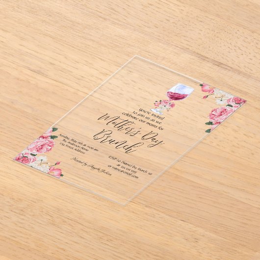Bloemen Wijnglas Moederdag Brunch Acryl Uitnodigingen (Laagn)