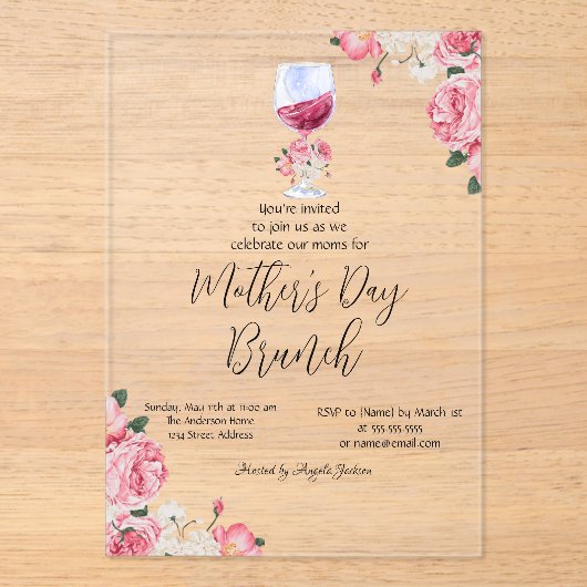 Bloemen Wijnglas Moederdag Brunch Acryl Uitnodigingen (Voorkant)