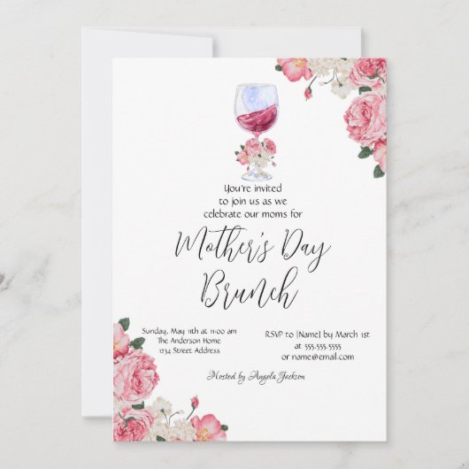 Bloemen Wijnglas Moederdag Brunch Kaart (Voorkant)