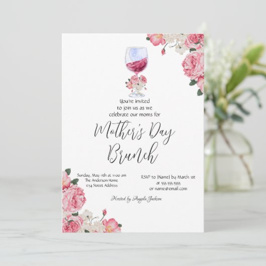 Bloemen Wijnglas Moederdag Brunch Kaart (Staand voorkant)