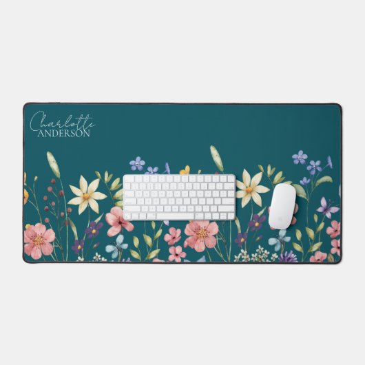 Bloemen Wildbloem Naam Monogram Diep Blauwgroen Bureaumat (Keyboard & Muis)