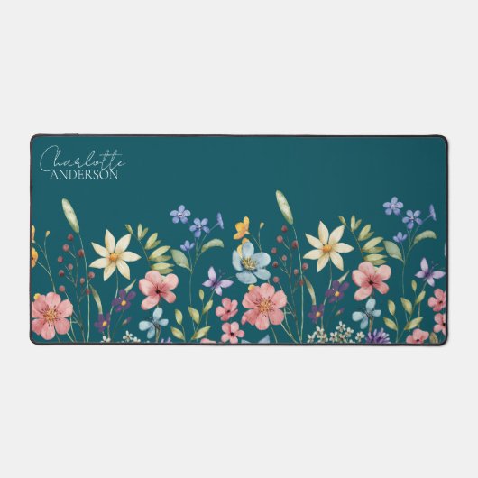 Bloemen Wildbloem Naam Monogram Diep Blauwgroen Bureaumat (Voorkant)