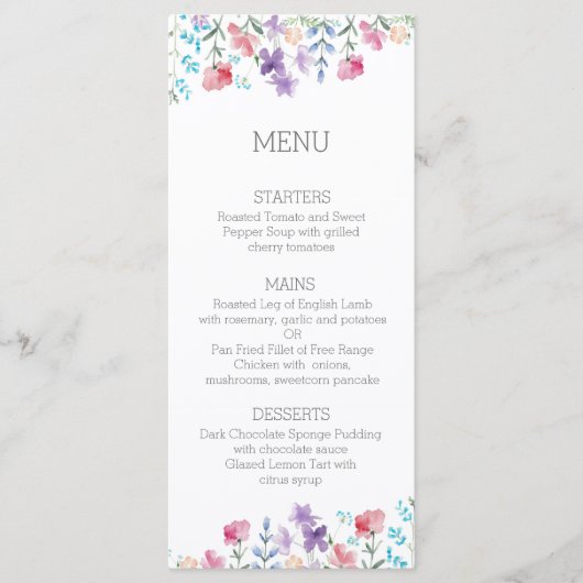 Bloemen Wildbloemen rustiek bruiloft diner menu (Voorkant)