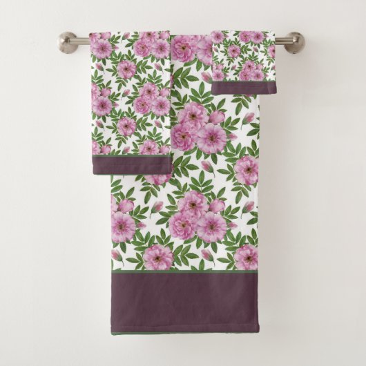 Bloemen Wilde Roos Foliage Roze Groen Bad Handdoek (Insitu)