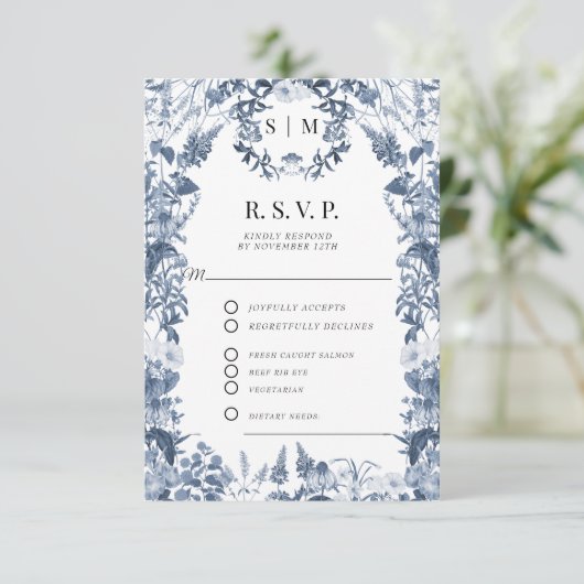 Bloemen Wildflower Blauw en Wit QR code Bruiloft RSVP Kaartje (Staand voorkant)