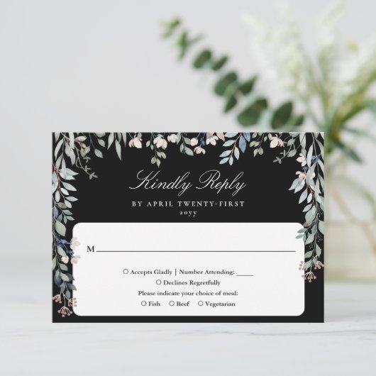 Bloemen Wildflowers Zwart-wit bruiloft RSVP Kaartje (Staand voorkant)