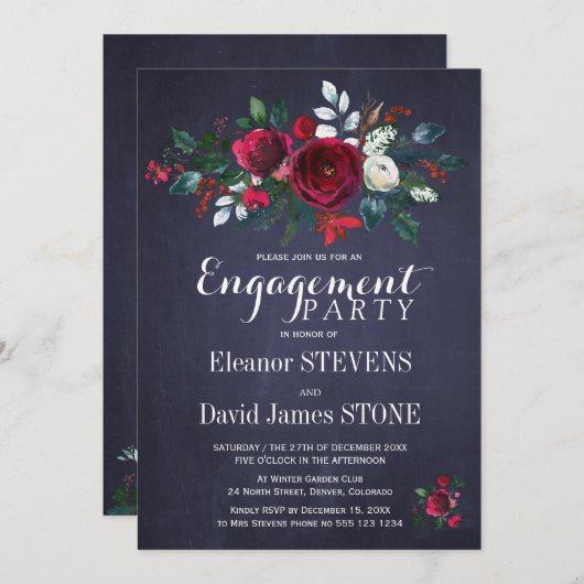 Bloemen Winter Navy Rode Kerstmis Verlovingsfeest Kaart (Voorkant / Achterkant)