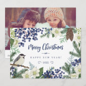 Bloemen & Wintervogel | Foto Kerstkaart (Voorkant / Achterkant)