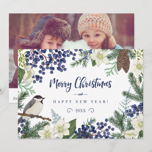 Bloemen & Wintervogel | Foto Kerstkaart (Voorkant / Achterkant)