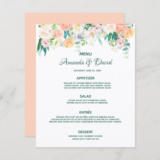 Bloemen wit blush perzik roos bruiloft menu (Voorkant / Achterkant)