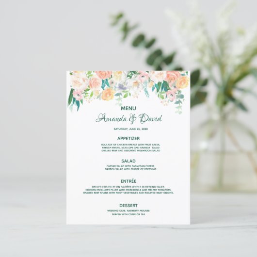 Bloemen wit blush perzik roos bruiloft menu (Staand voorkant)