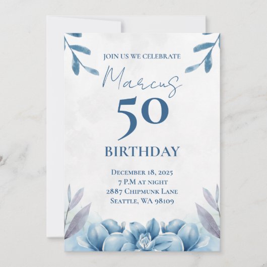 Bloemen wit en blauw 50ste verjaardag uitnodiging (Voorkant)