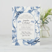 Bloemen Wit en Blauw Chinoiserie Bruiloft Kaart (Staand voorkant)