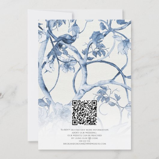  Bloemen Wit en Blauw Chinoiserie Bruiloft Kaart (Achterkant)