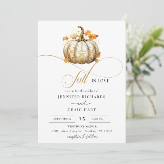 Bloemen wit en goud | Pumpkin Fall Wedding Kaart (Staand voorkant)