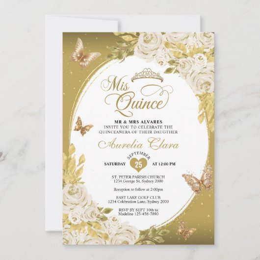 Bloemen Wit Goud Tiara Vlinder Mis Quinceañera Kaart (Voorkant)