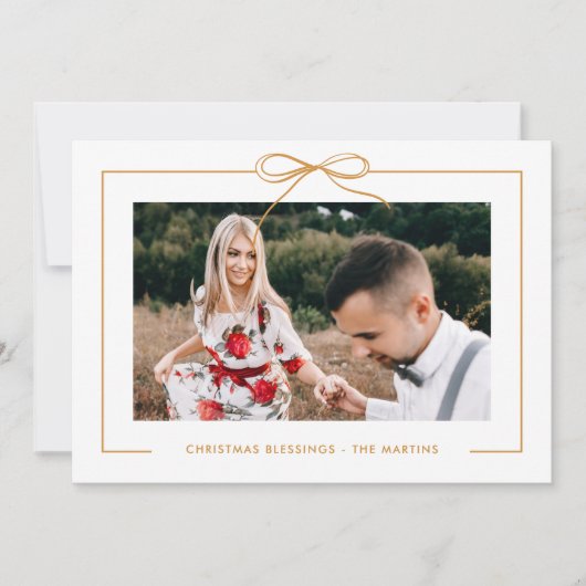 Bloemen Wit Gouden Boog Ingelijste Foto Kerstmis Feestdagenkaart (Voorkant)