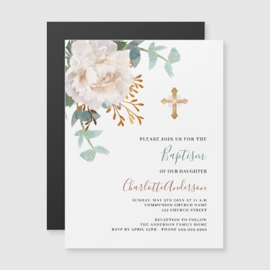 Bloemen wit groen goud cross luxe doop magnetische uitnodiging (Voorkant / Achterkant)