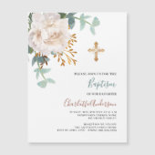 Bloemen wit groen goud cross luxe doop magnetische uitnodiging (Voorkant)