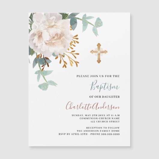 Bloemen wit groen goud cross luxe doop magnetische uitnodiging (Voorkant)