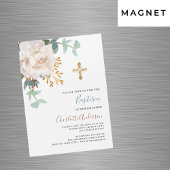 Bloemen wit groen goud cross luxe doop magnetische uitnodiging
