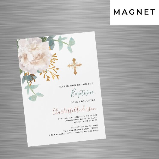 Bloemen wit groen goud cross luxe doop magnetische uitnodiging