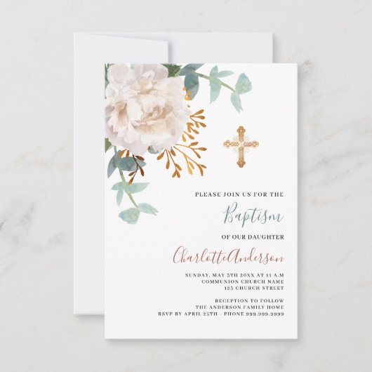 Bloemen wit groen goud kruis doop kaart (Voorkant)