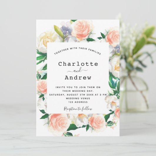 Bloemen wit rose goud roze bruiloft kaart (Staand voorkant)