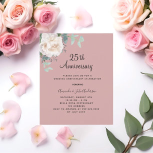 Bloemen wit stoffig roos 25e huwelijksuitnodiging
