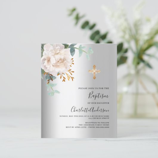 Bloemen wit zilver goud kruis doop uitnodiging (Staand voorkant)