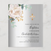 Bloemen wit zilver goud kruis doop uitnodiging (Voorkant)
