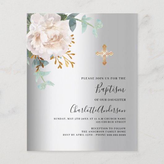 Bloemen wit zilver goud kruis doop uitnodiging (Voorkant)