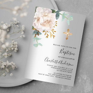 Bloemen wit zilver groen kruis doop kaart
