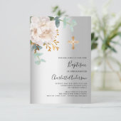 Bloemen wit zilver groen kruis doop kaart (Staand voorkant)