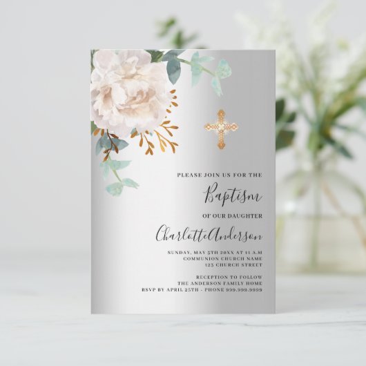 Bloemen wit zilver groen kruis doop kaart (Staand voorkant)