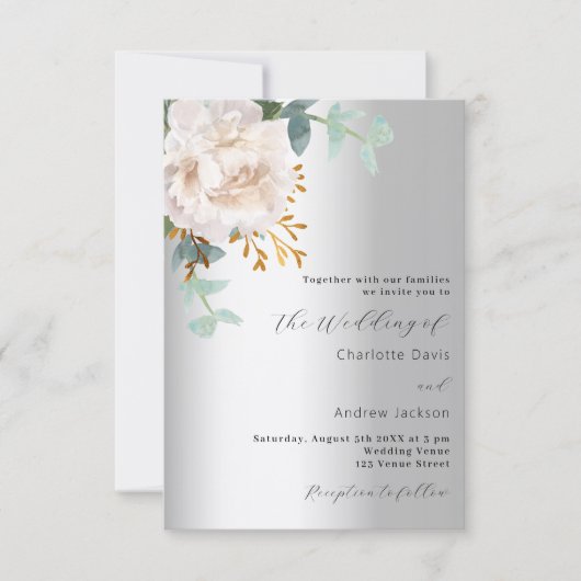 Bloemen wit zilver groen moderne bruiloft kaart (Voorkant)