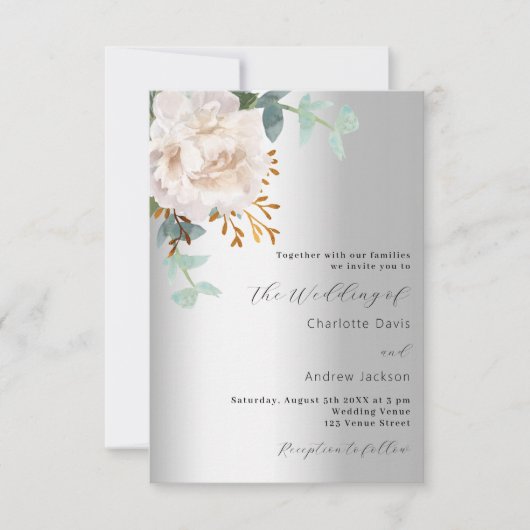 Bloemen wit zilver groen QR code RSVP bruiloft Kaart (Voorkant)