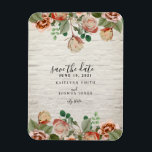 Bloemen witte baksteen bruiloft Save the date Magneet<br><div class="desc">Een bruiloft bewaart de datummagneet met een afbeelding van bloemen en groen boven en onder over een witte bakstenen achtergrond.</div>