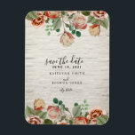 Bloemen witte baksteen bruiloft Save the date Magneet<br><div class="desc">Een bruiloft bewaart de datummagneet met een afbeelding van bloemen en groen boven en onder over een witte bakstenen achtergrond.</div>