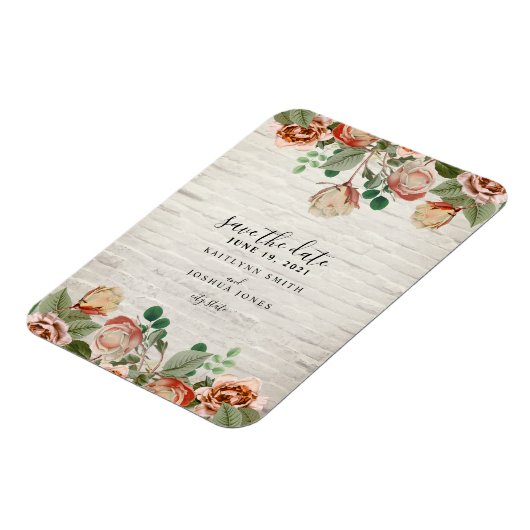 Bloemen witte baksteen bruiloft Save the date Magneet (Linkerzijde)