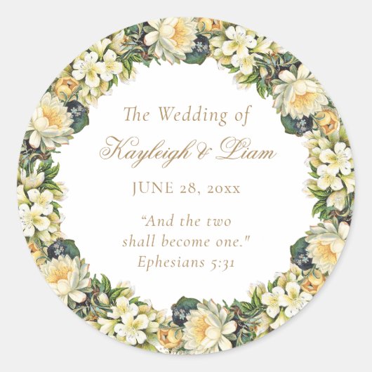 Bloemen Witte Bijbel Verse Christelijke bruiloft Ronde Sticker (Voorkant)