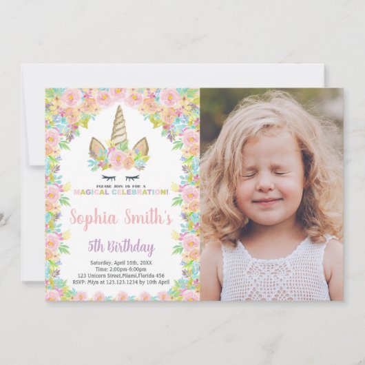 Bloemen Witte Eenhoorn Verjaardag Uitnodigingen ee (Voorkant)